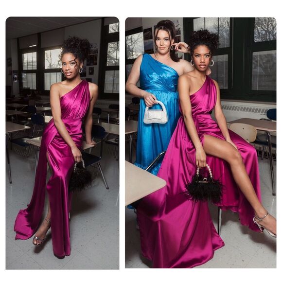 Mac Duggal Dresses & Skirts - NWT Ieena for Mac Duggal One Shoulder Slit Satin Faux Wrap Maxi Gown Berry Sz 6